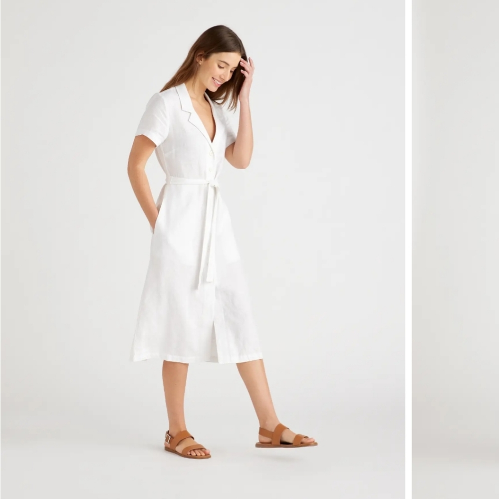 Quince Linen Button Front Dress White